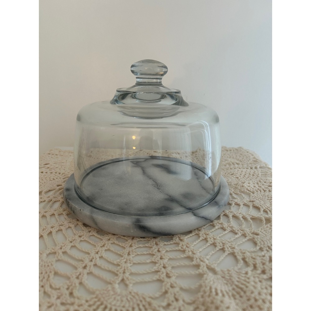 Dutch Garden Marble Cheese Dome Small Glass Cloche Grey White Server